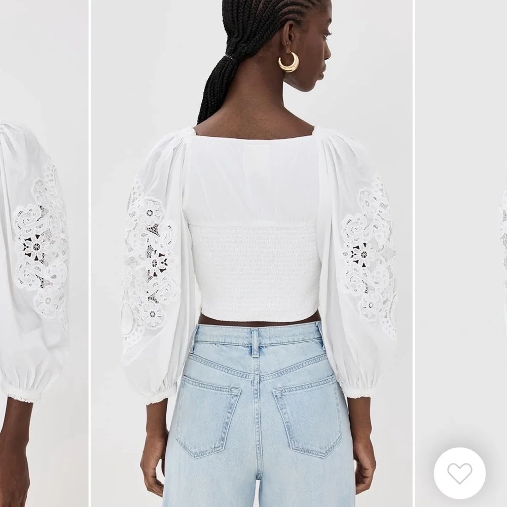 FARM Rio White Eyelet Puff-Sleeve Cropped Blouse